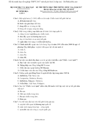 Đề thi minh họa tốt nghiệp THPT 2017 môn Lịch Sử (Có đáp án)