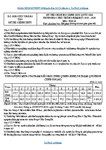Đề thi HSGQG THPT 2026 môn Địa lí (Có đáp án)